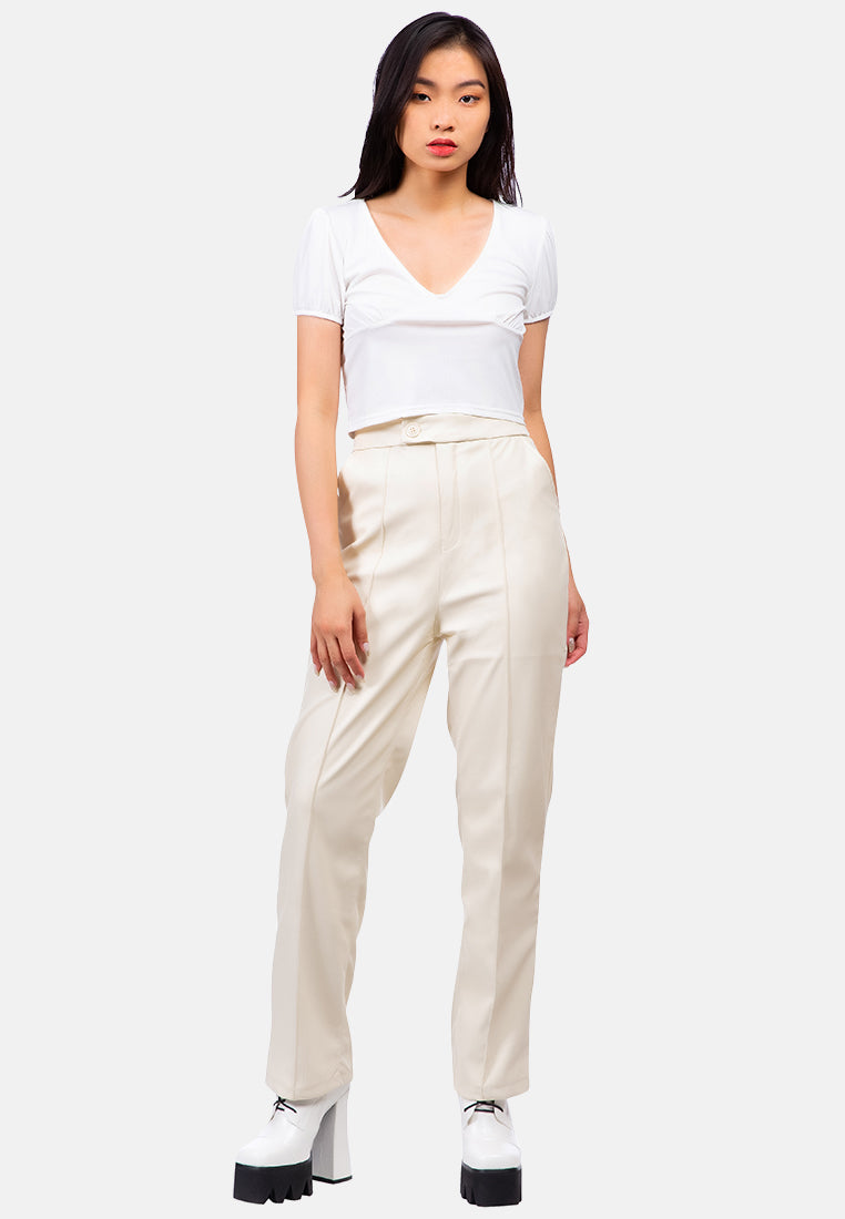 faux leather pleated high waist trousers#color_cream