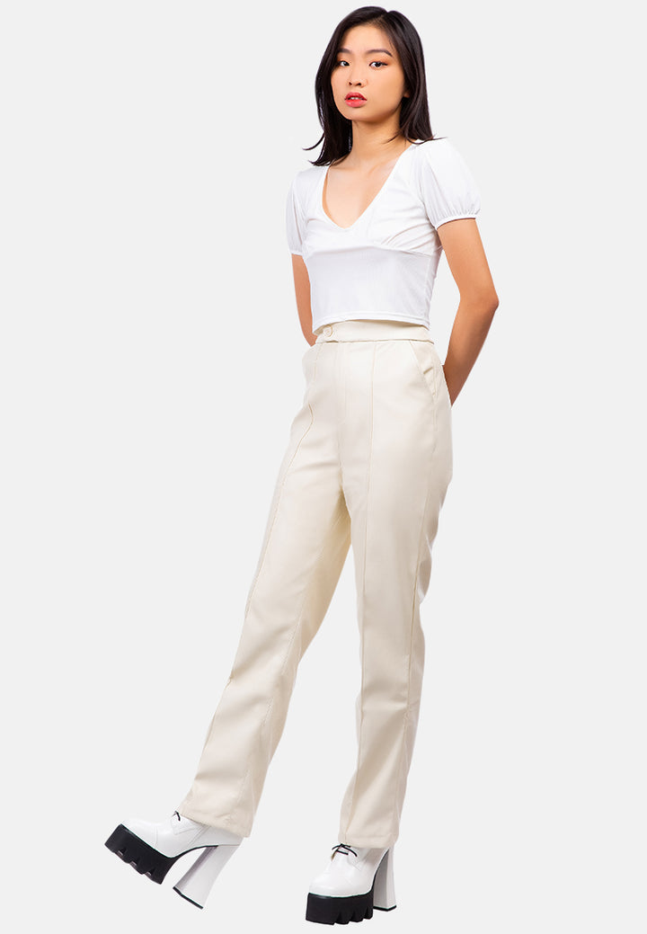 faux leather pleated high waist trousers#color_cream