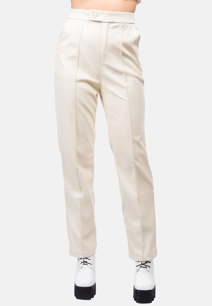 faux leather pleated high waist trousers#color_cream