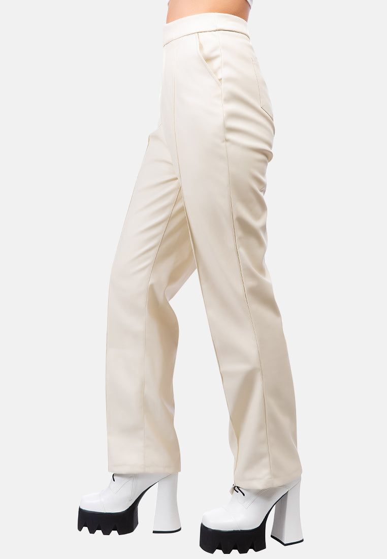 faux leather pleated high waist trousers#color_cream