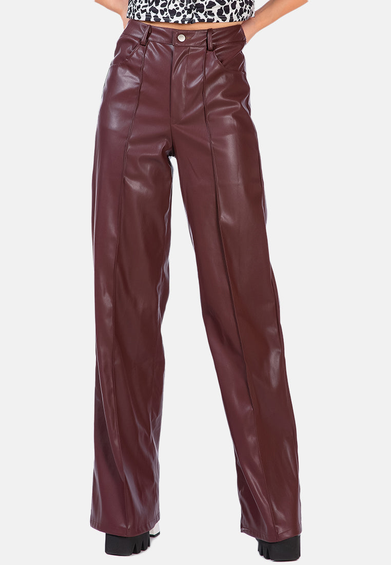 faux leather seam detail wide leg trousers#color_dk-chocolate