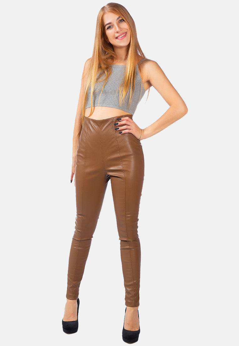 faux leather stitch detail high waist leggings#color_chocolate