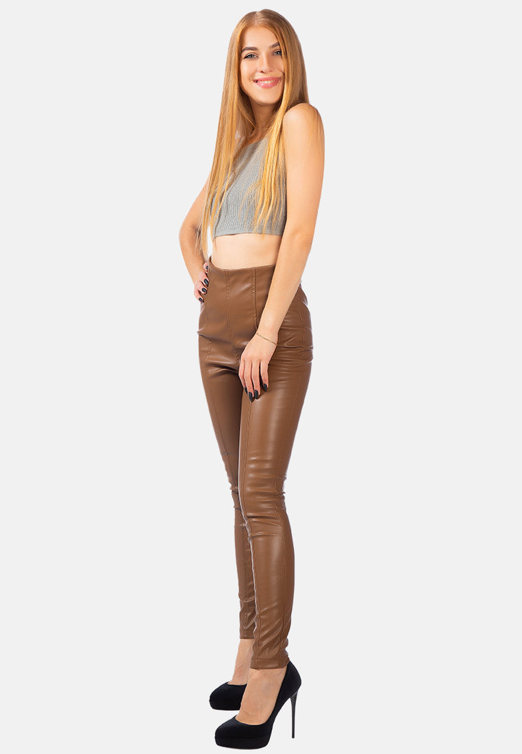 faux leather stitch detail high waist leggings#color_chocolate