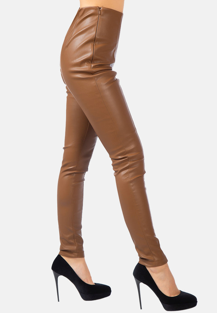 faux leather stitch detail high waist leggings#color_chocolate