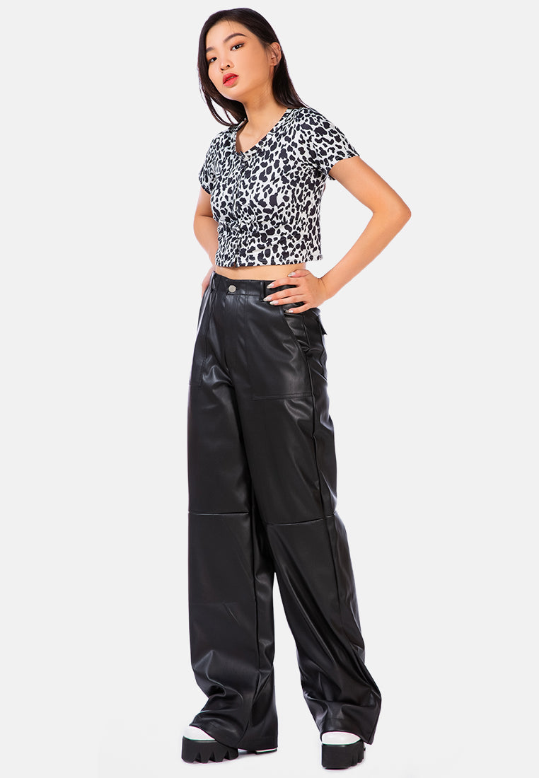 faux leather stitch detail panelled pants#color_black