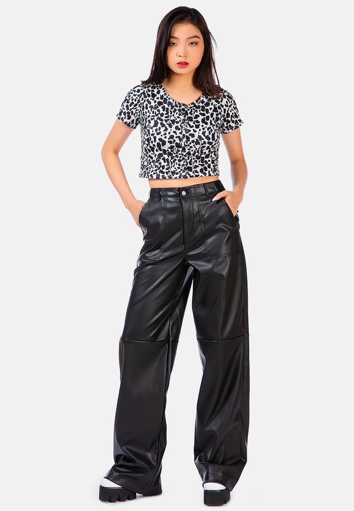 faux leather stitch detail panelled pants#color_black