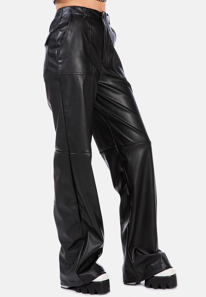 faux leather stitch detail panelled pants#color_black