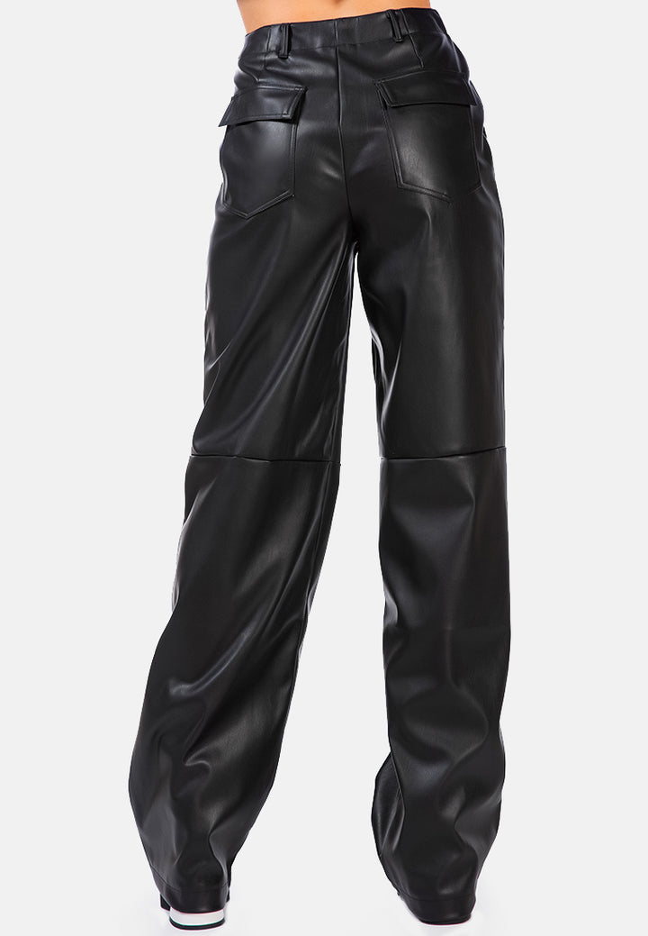 faux leather stitch detail panelled pants#color_black