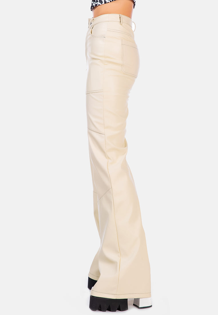 faux leather contrast stitch panelled pants#color_cream