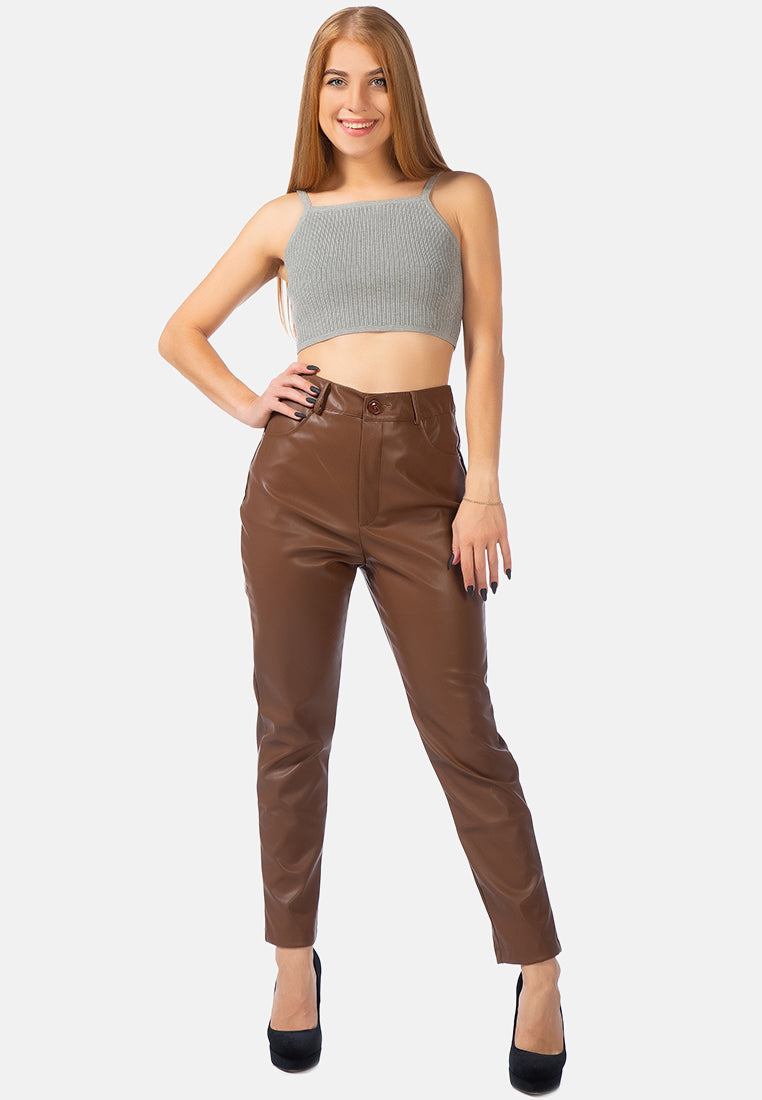 faux leather straight fall trousers#color_chocolate