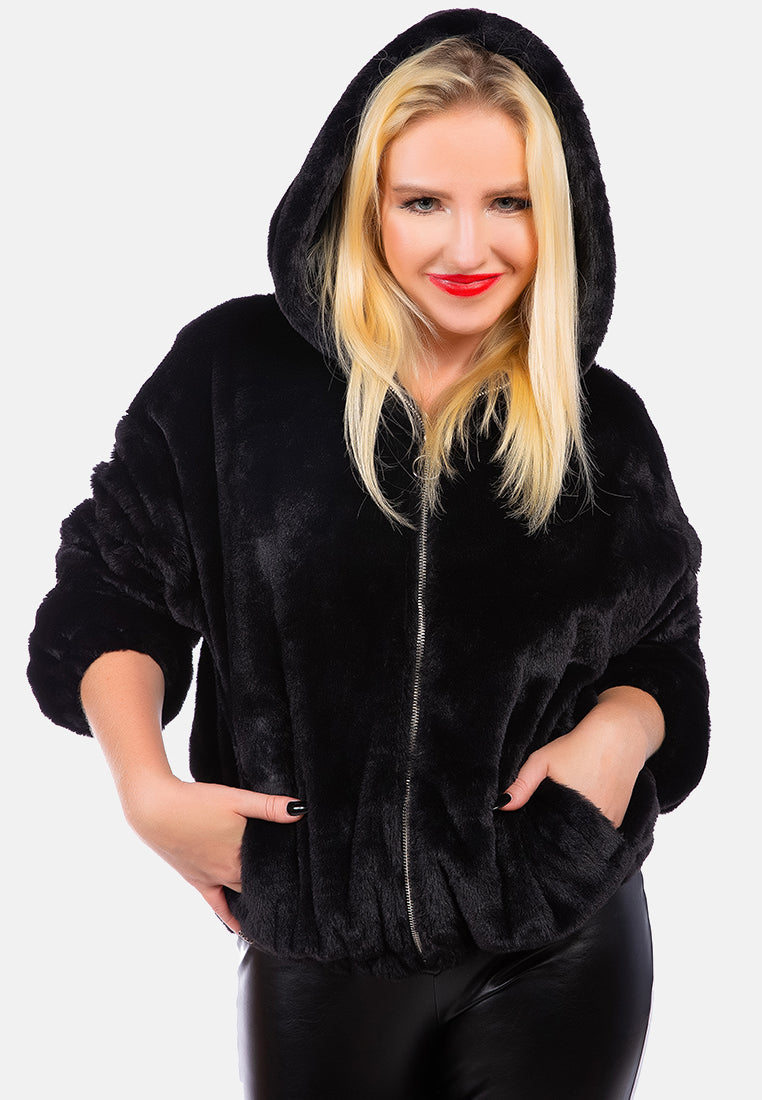 faux fur long sleeve hoodie jacket#color_black