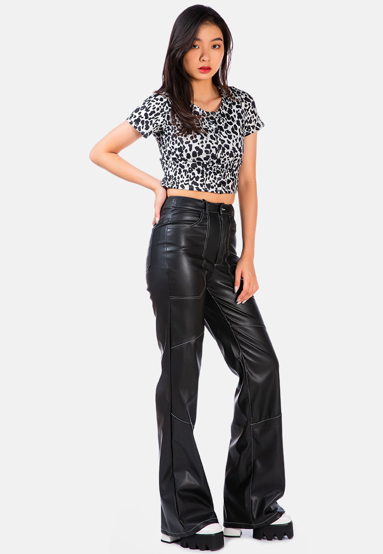 faux leather contrast stitch panelled pants#color_black