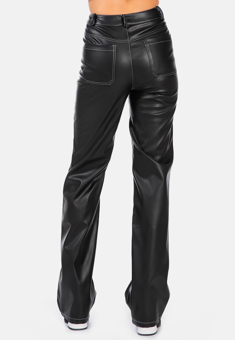 faux leather contrast stitch panelled pants#color_black