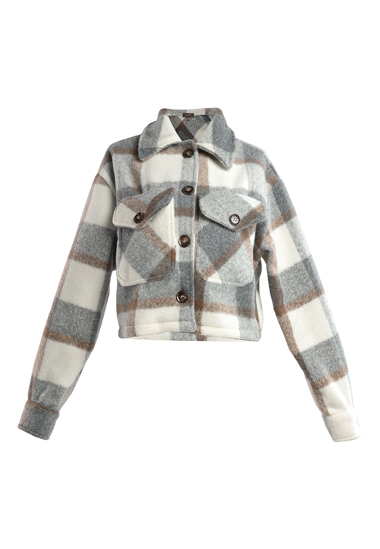 flannel plaid crop jacket#color_multi