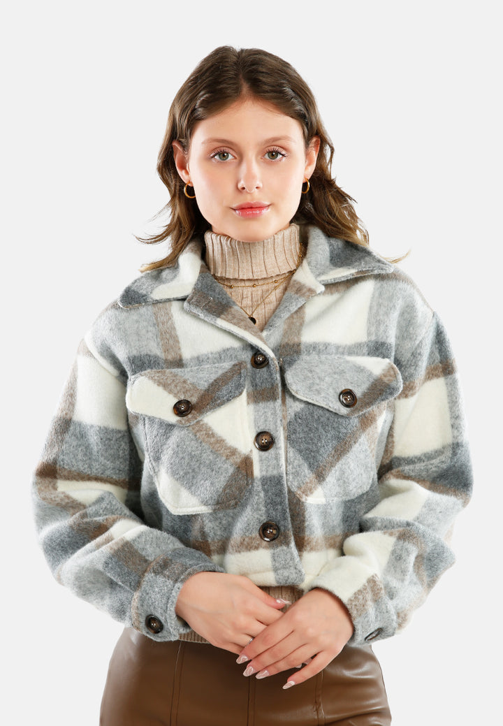 flannel plaid crop jacket#color_multi