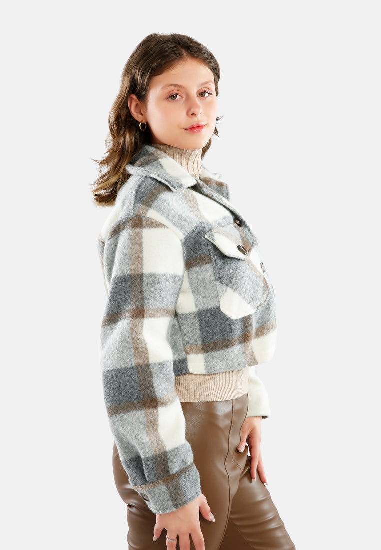 flannel plaid crop jacket#color_multi