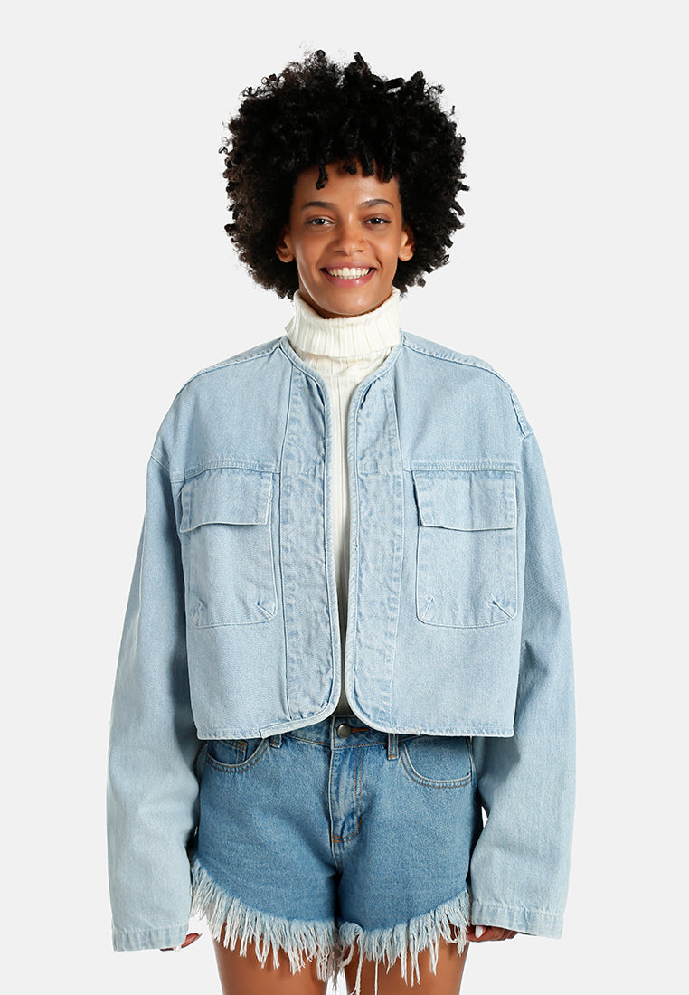 flap pockets denim jacket#color_light-blue