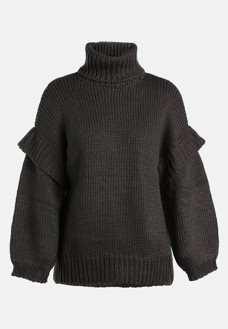frill detail knitted sweater#color_charcoal-grey