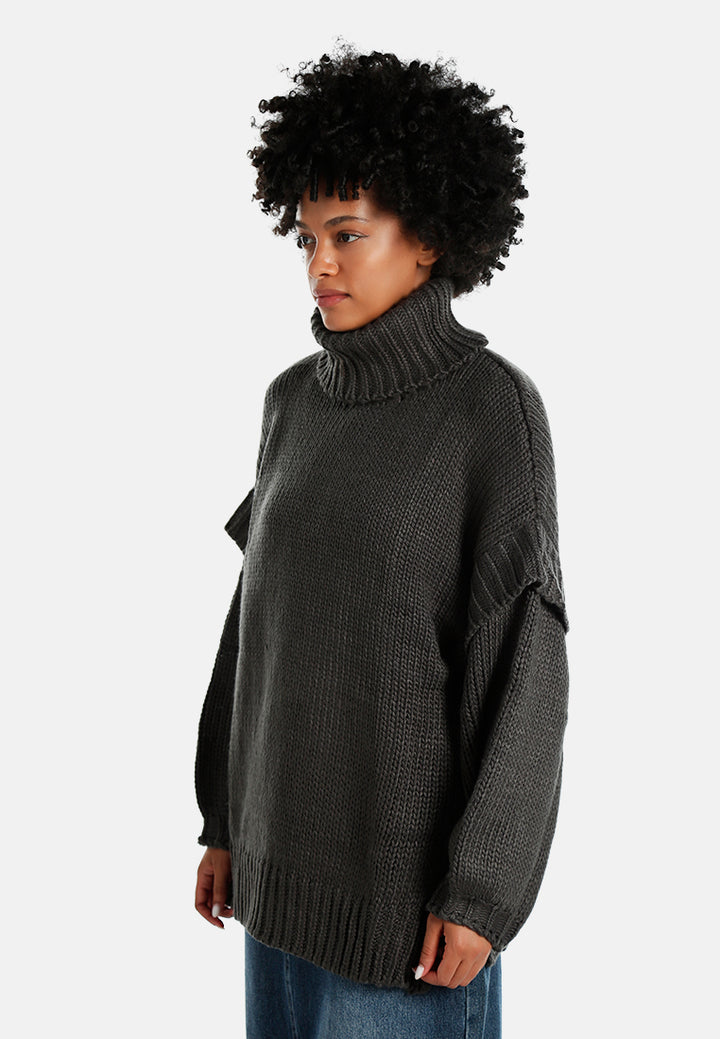 frill detail knitted sweater#color_charcoal-grey