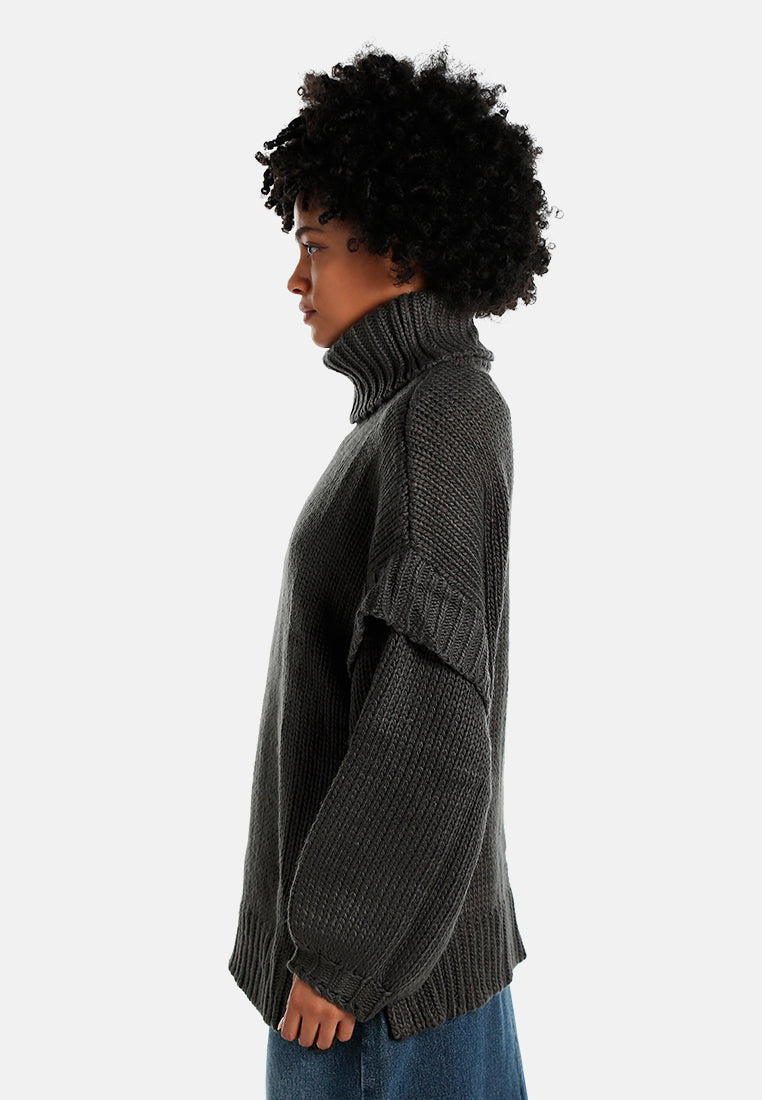 frill detail knitted sweater#color_charcoal-grey