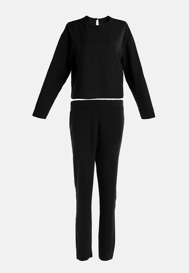 full sleeves top & fitted full pants coord set#color_black