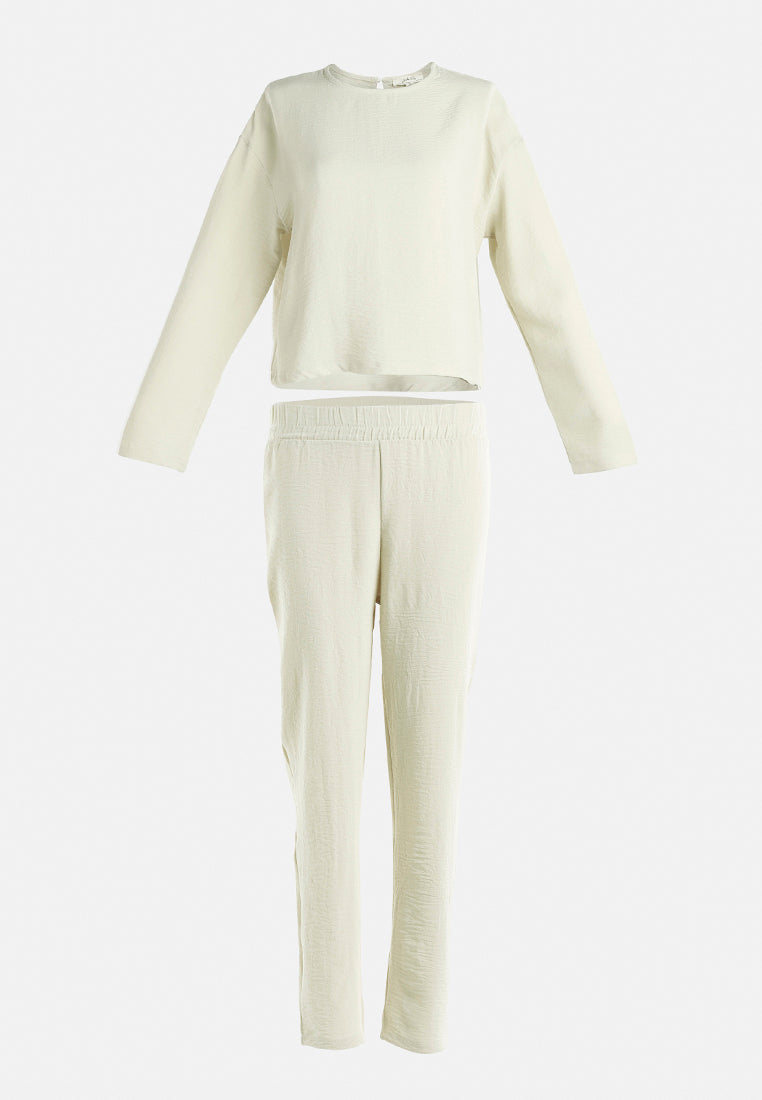 full sleeves top & fitted full pants coord set#color_cream