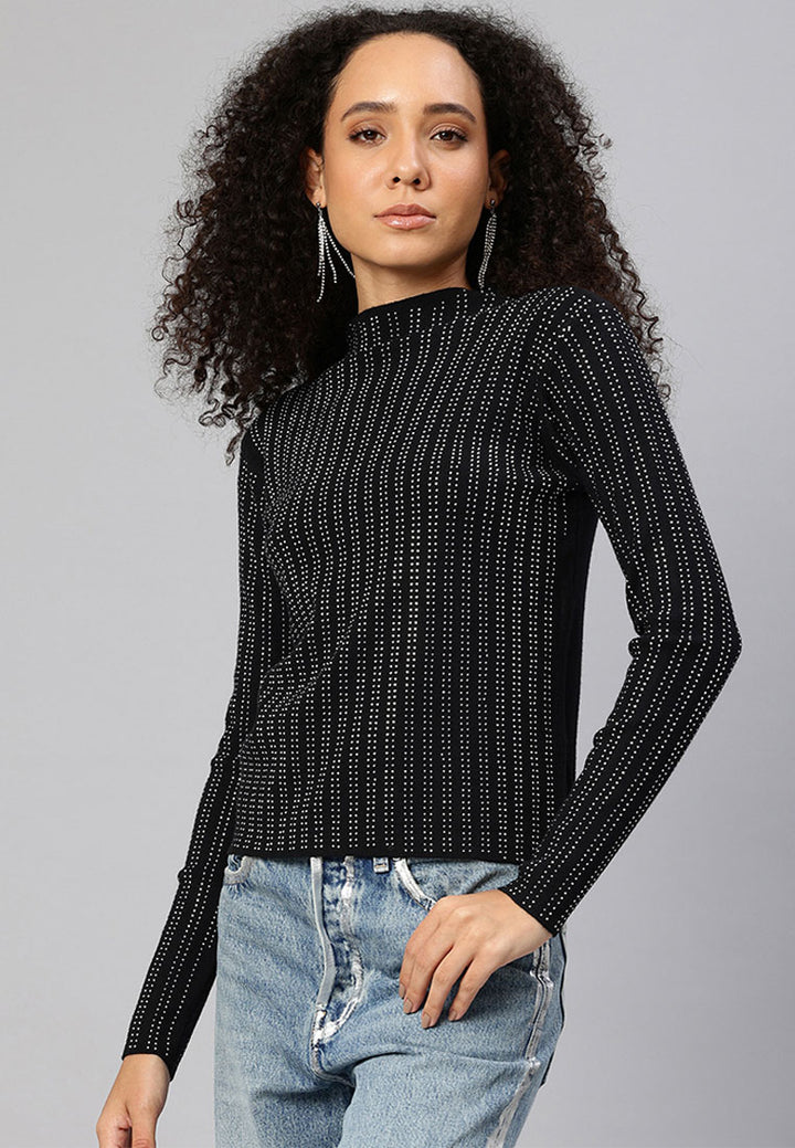 full sleeves sequin high neck top by ruw#color_black