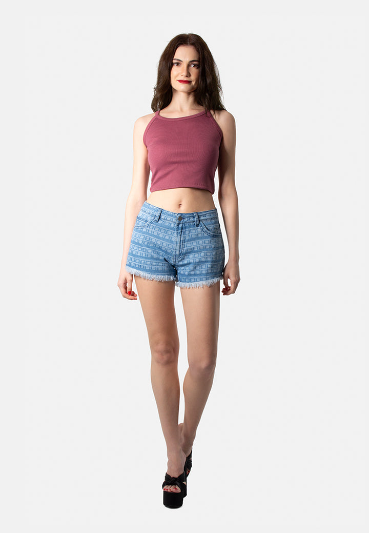 geometric print fray hem denim shorts#color_light-blue