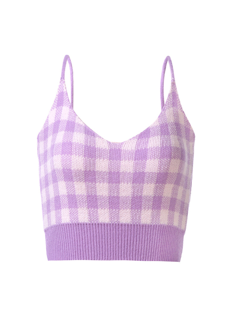 gingham checks knitted crop top#color_purple