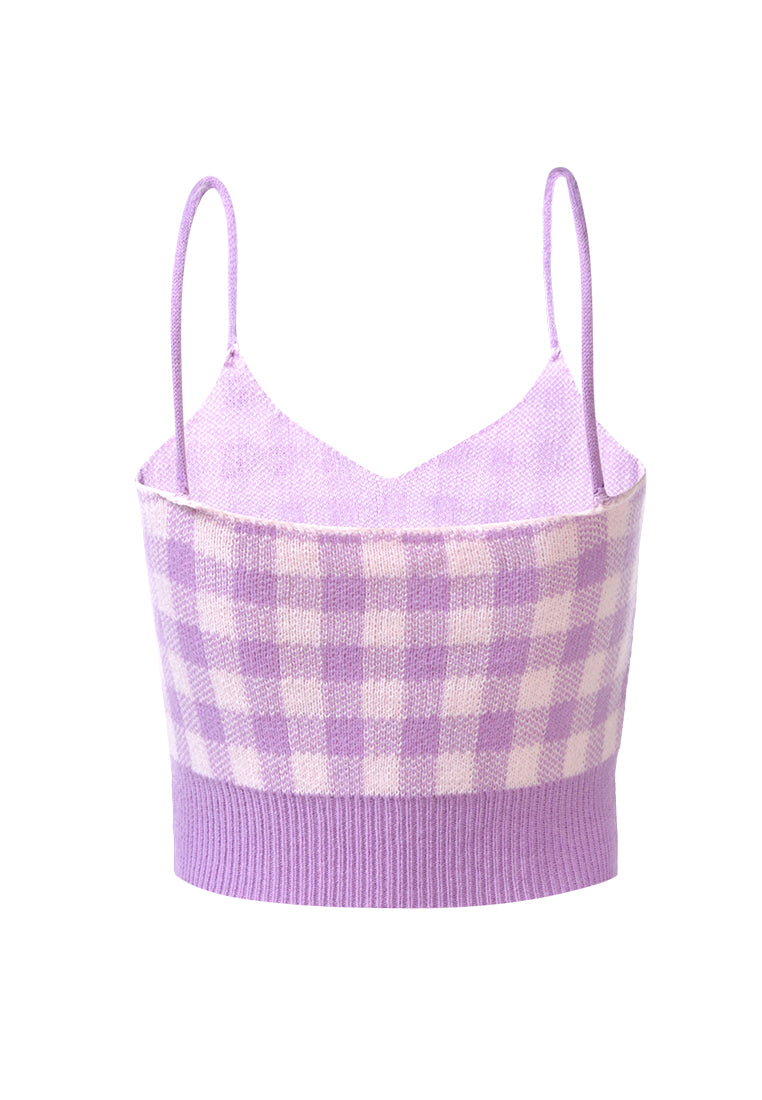 gingham checks knitted crop top#color_purple