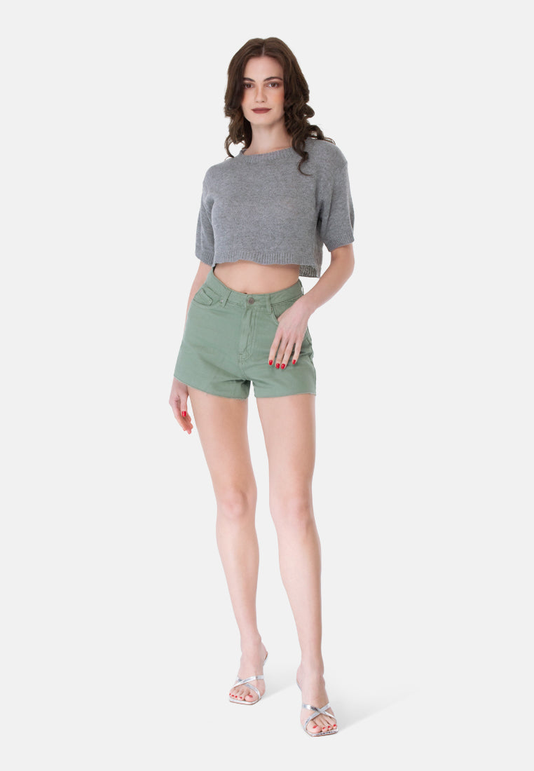 green jeans high waist raw hem shorts#colo_green