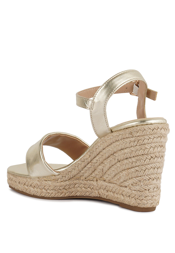 cake walk handcrafted sandals with a high wedge heel#color_gold