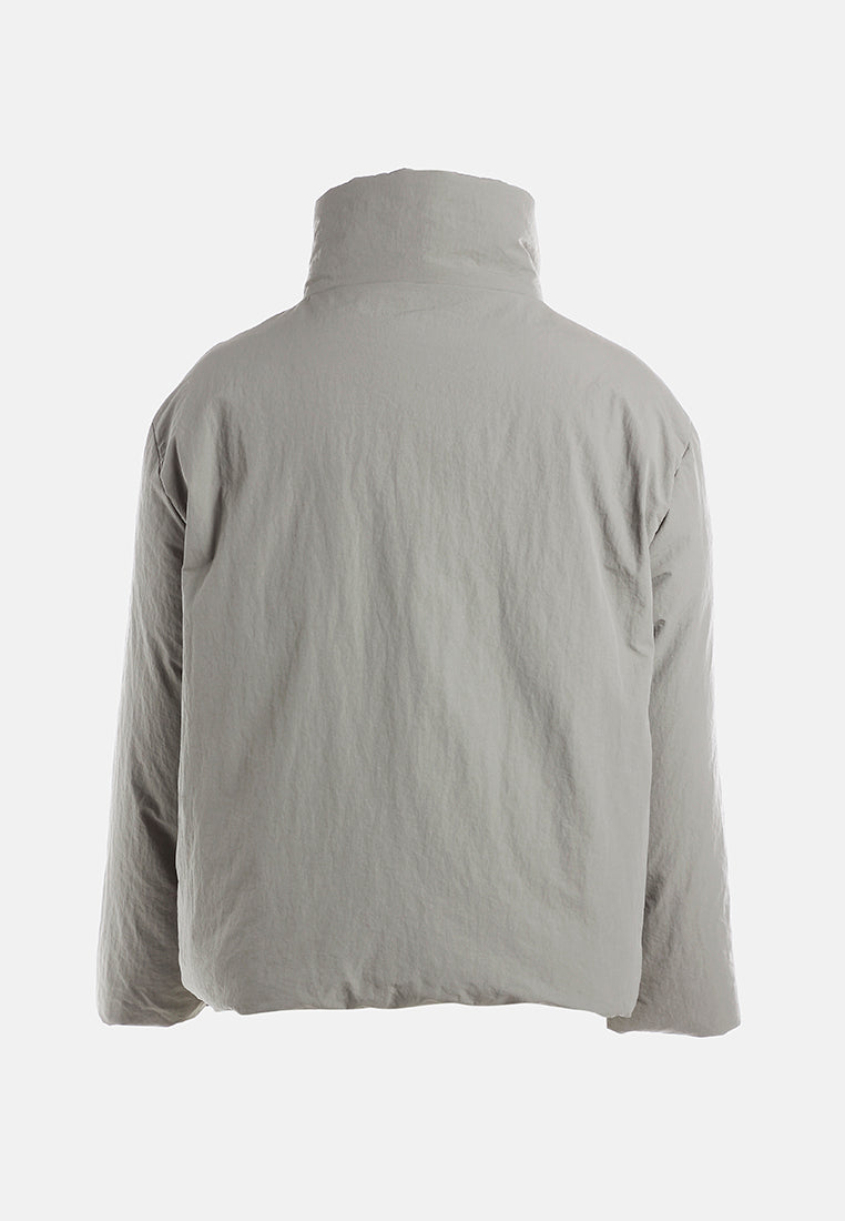 high-neck tie waist quilted jacket#color_taupe