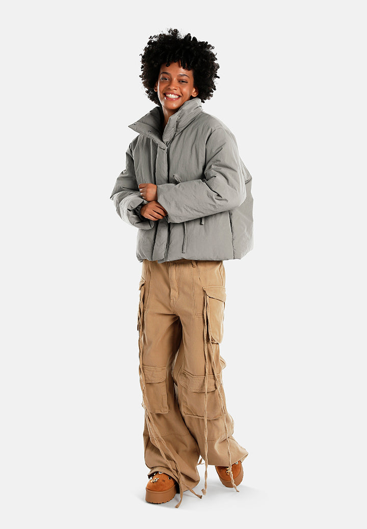 high-neck tie waist quilted jacket#color_taupe