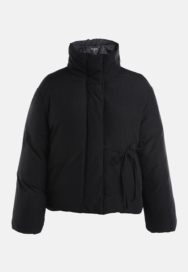 high-neck tie waist quilted jacket#color_black
