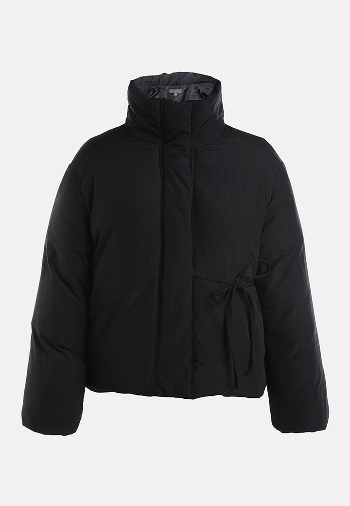 high-neck tie waist quilted jacket#color_black