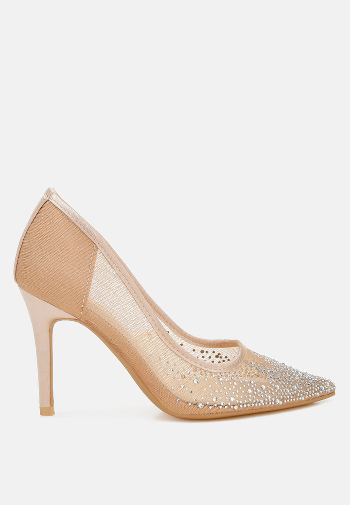 mesh rhinestone stiletto pumps by ruw#color_beige