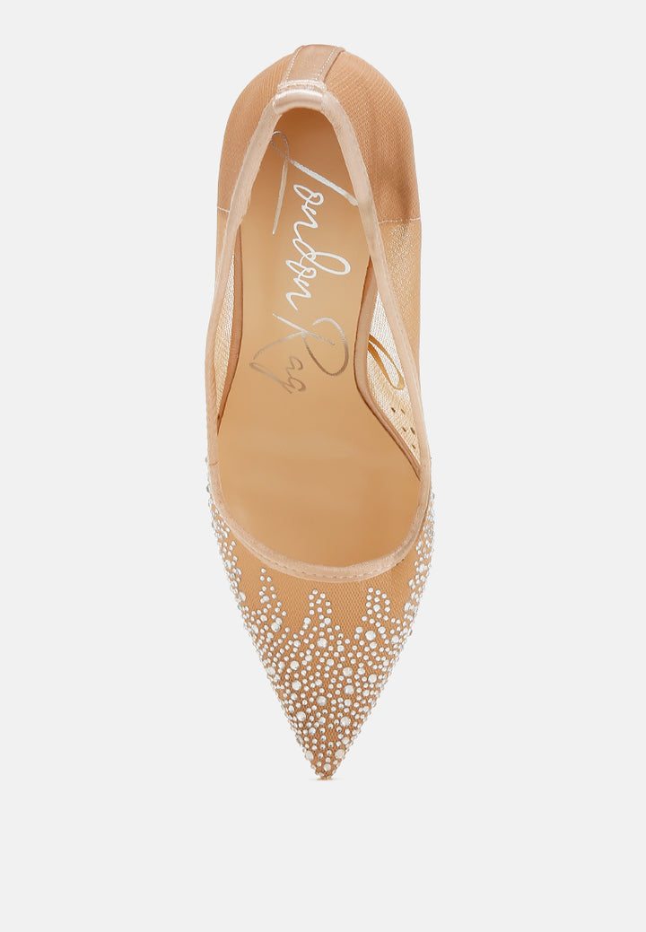 mesh rhinestone stiletto pumps by ruw#color_beige