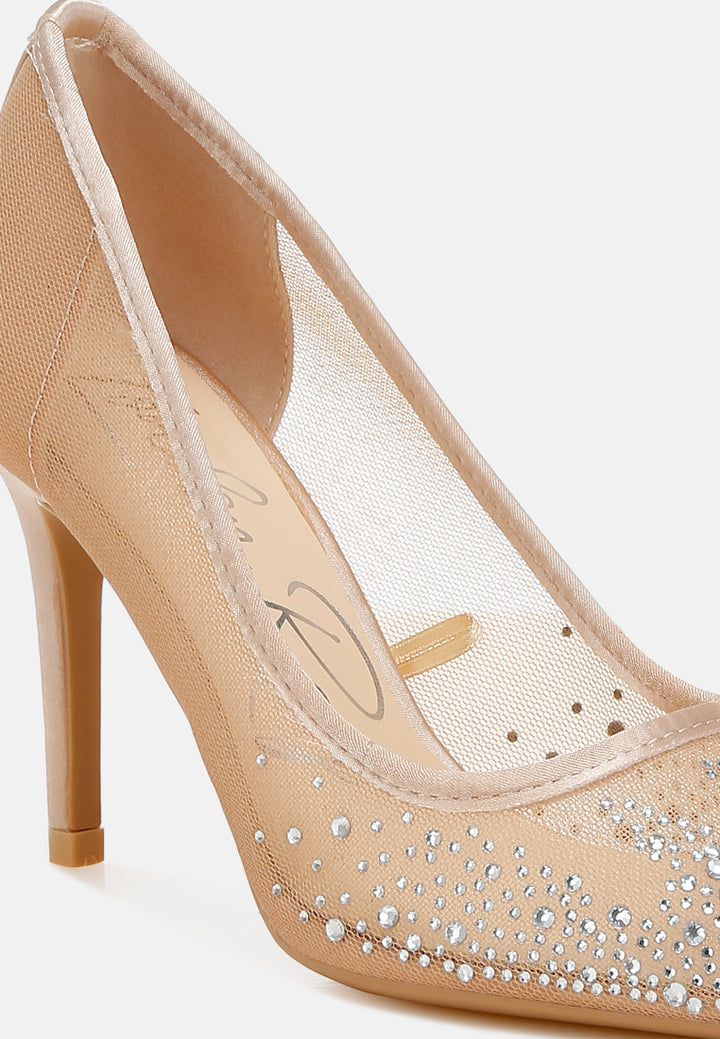 mesh rhinestone stiletto pumps by ruw#color_beige