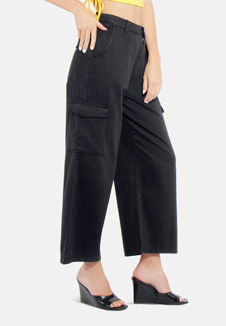 high waist cargo pocket pants#color_black