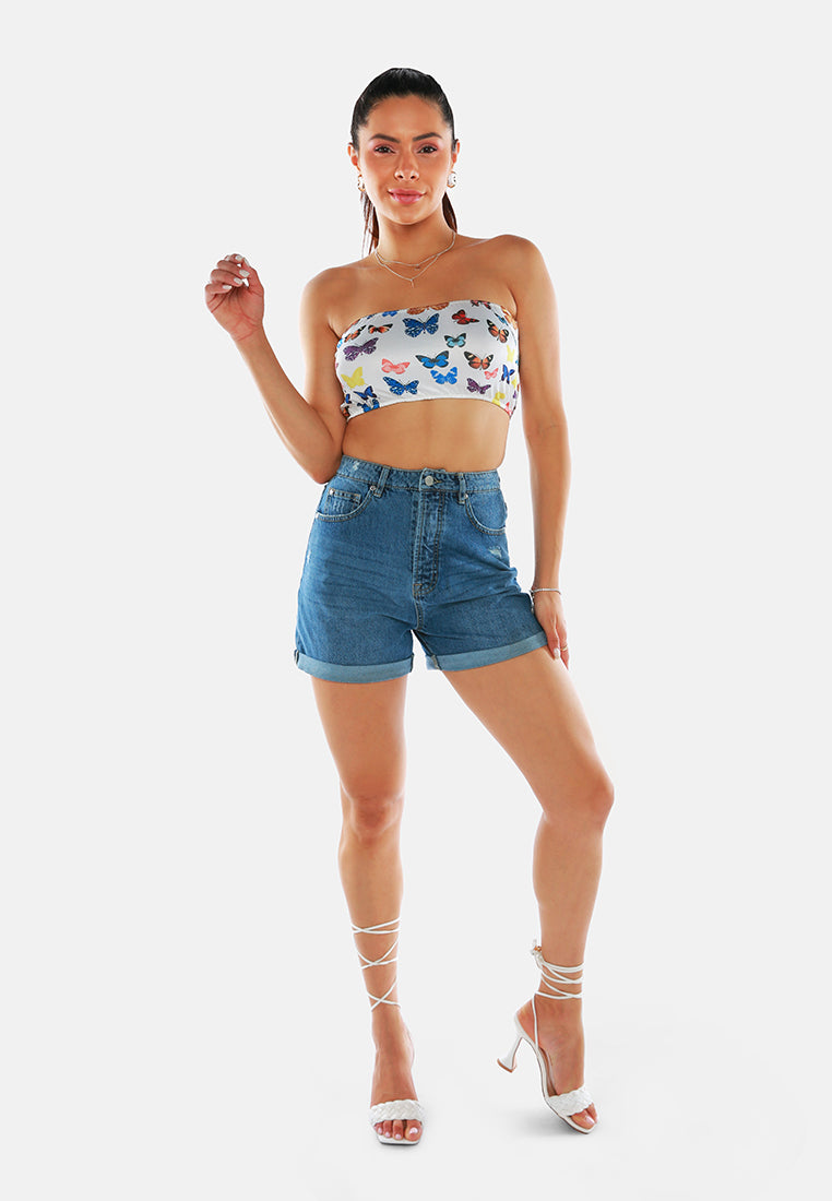 high waist ripped denim shorts#color_mid-blue