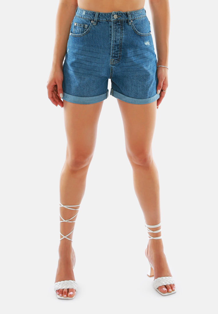 high waist ripped denim shorts#color_mid-blue