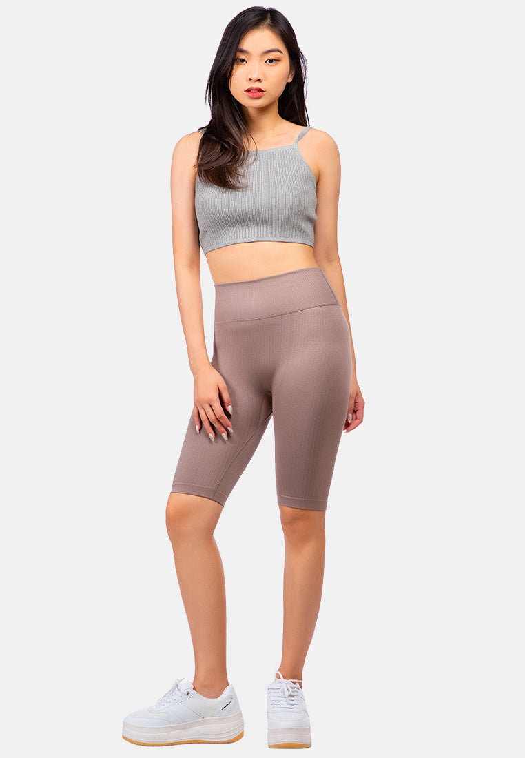 high waist biker short tights#color_brown