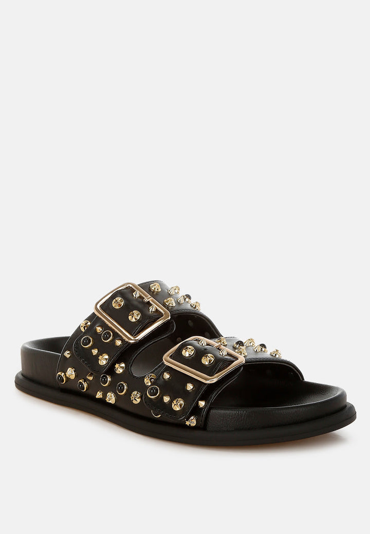 metallic stud embellished sliders by ruw#color_black