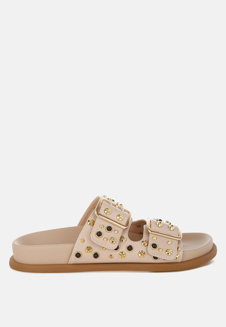 metallic stud embellished sliders by ruw#color_beige