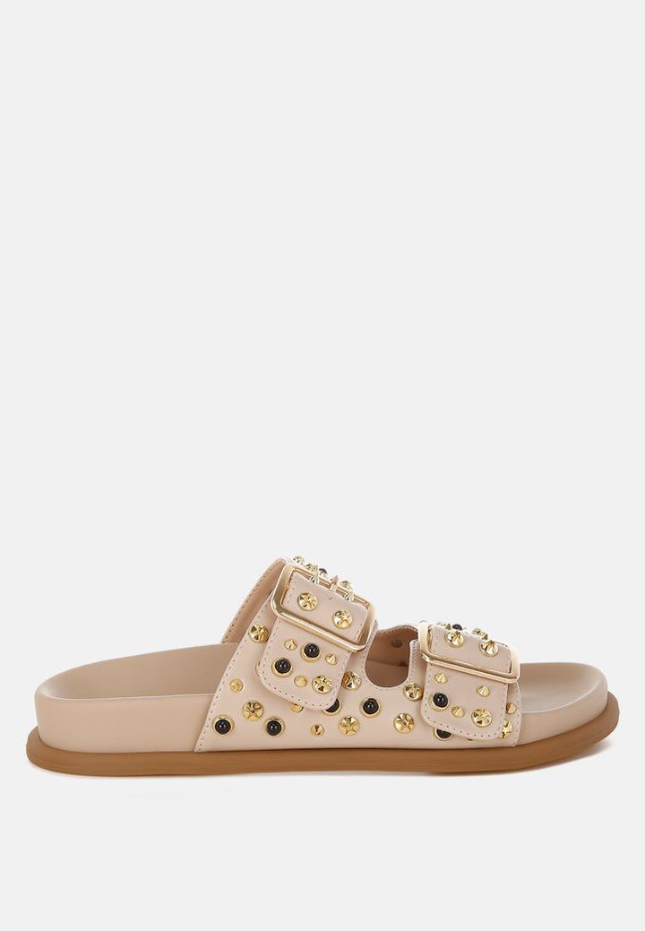 metallic stud embellished sliders by ruw#color_beige