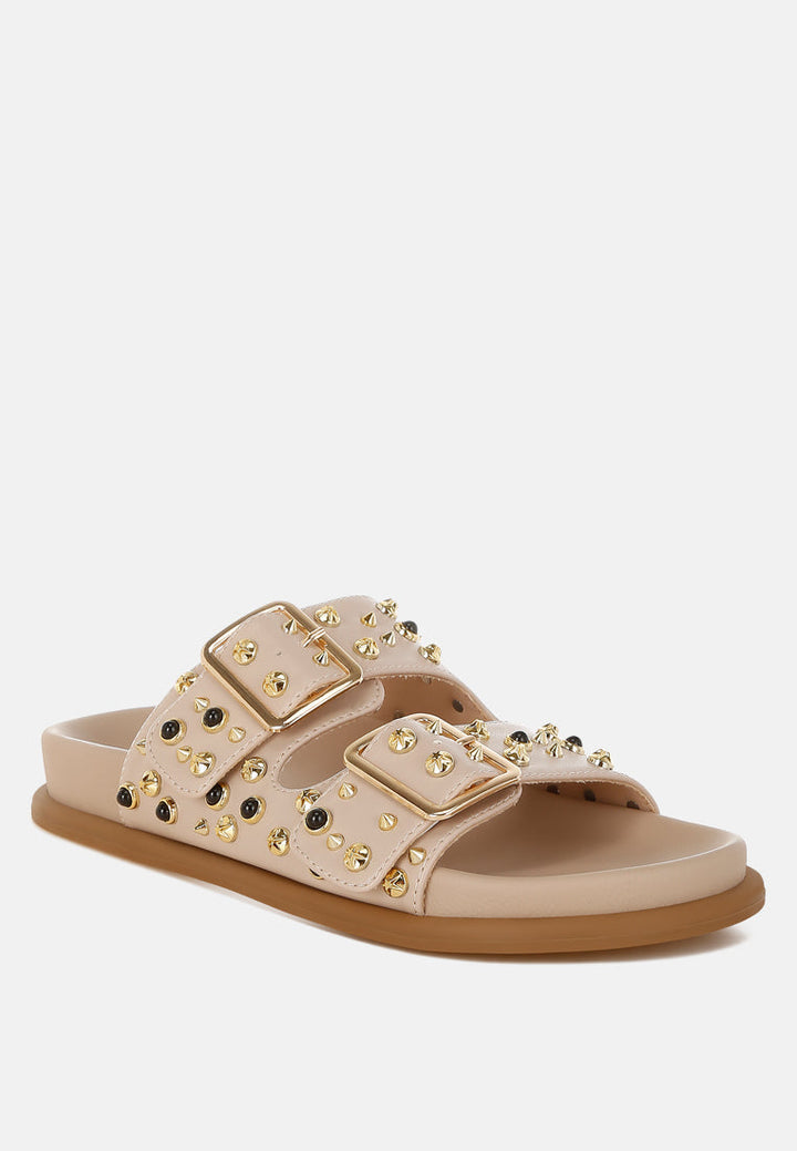 metallic stud embellished sliders by ruw#color_beige