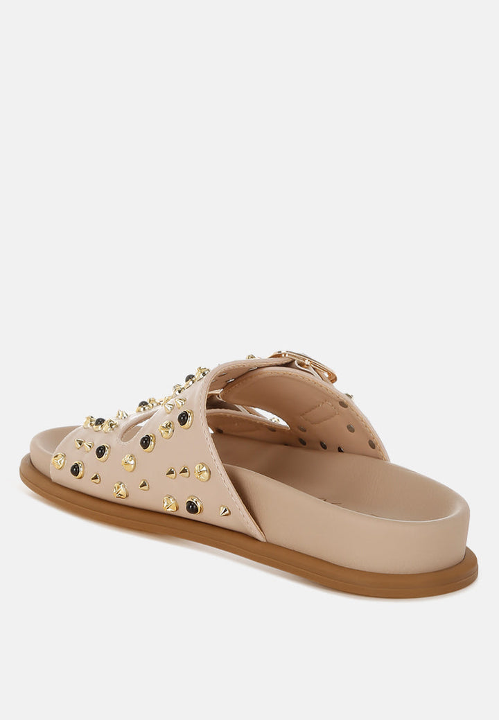 metallic stud embellished sliders by ruw#color_beige