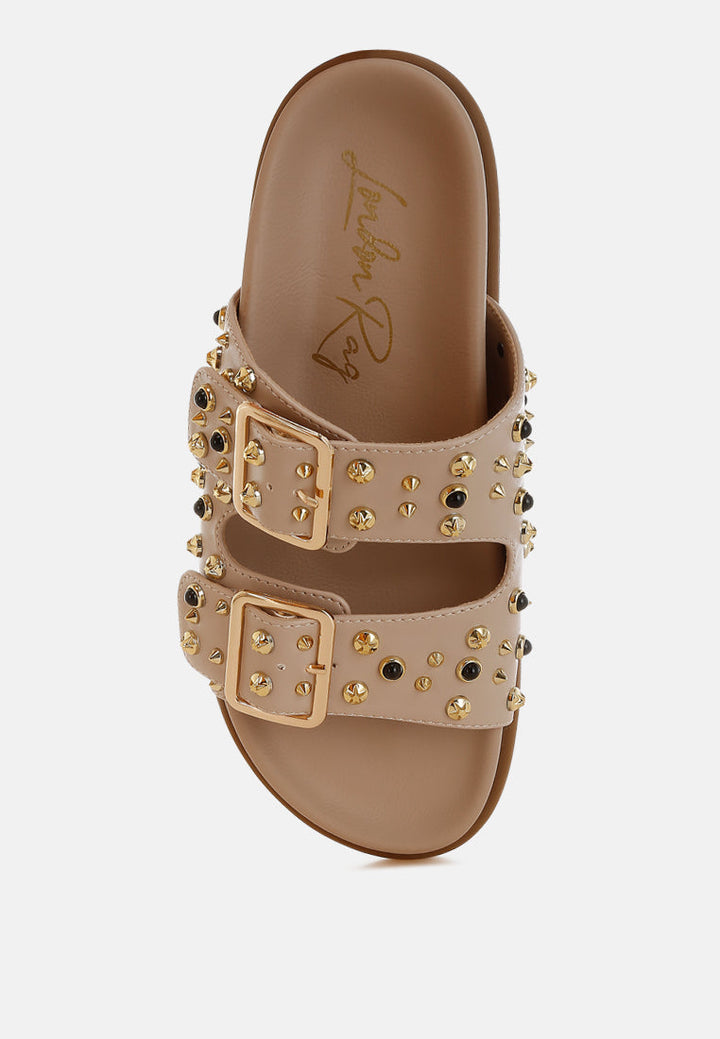 metallic stud embellished sliders by ruw#color_beige