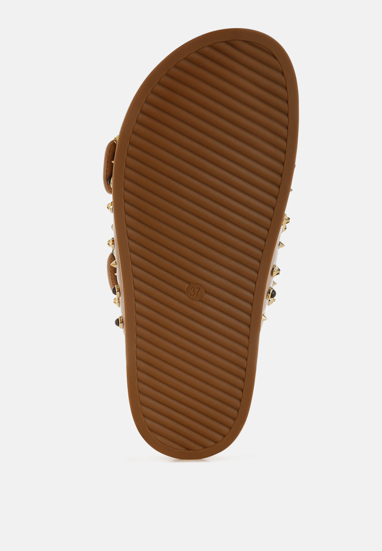 metallic stud embellished sliders by ruw#color_beige